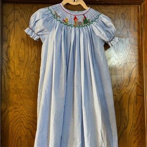 Blue Gingham Smocked Dress with Embroidery